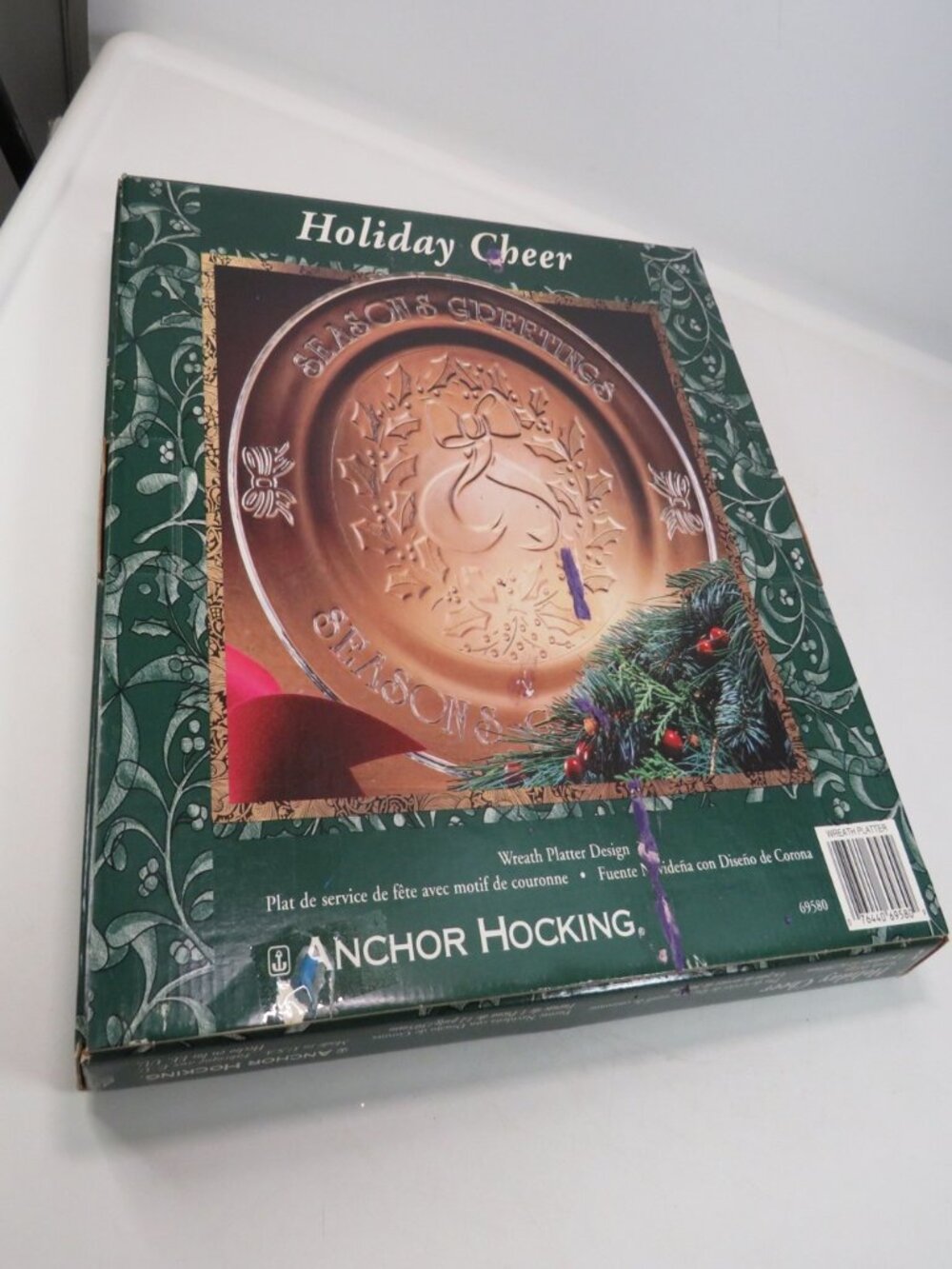 vintage Anchor Hocking "Holiday Cheer" 12-inch glass platter Reindeer Christmas